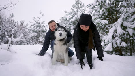 Beautiful-family,-a-man-and-a-girl-in-winter-forest-with-dog.-Play-with-the-dog-Siberian-husky.